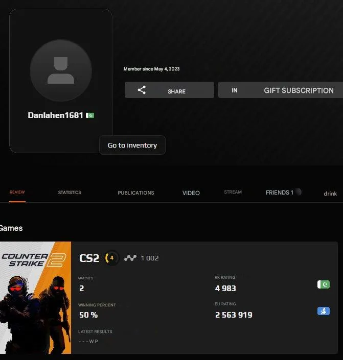 CS257 FACEIT 4 Level 1002 ELO | 2 Matches | 2023 Registration | Non Verified | With Native Mail | Can Play 